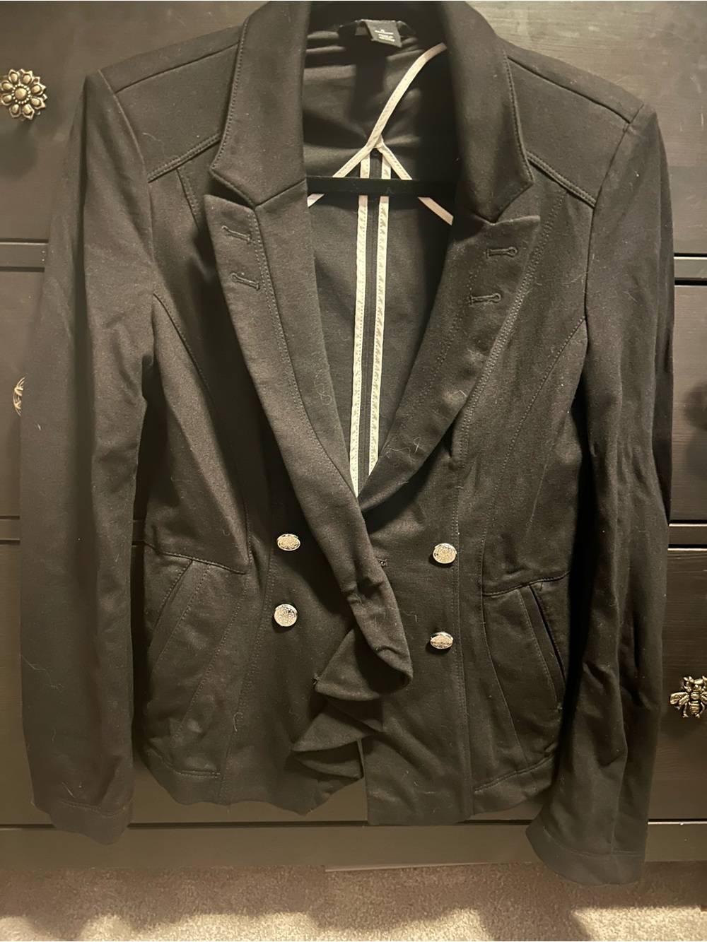 White House Black Market Black Double-Breasted Ruffle Blazer